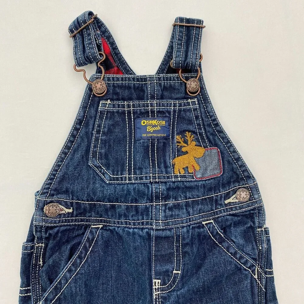 OshKosh B'Gosh Bib Overalls Baby 12 Months Patchwork Denim Moose Flannel